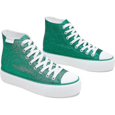 Imagem de ALTOCIS Tênis moderno com plataforma com glitter, tênis feminino brilhante, cano alto, plataforma confortável, Glitter verde, 34
