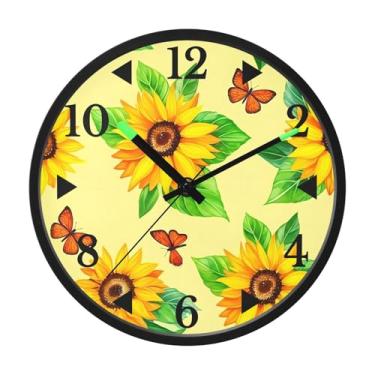 Imagem de STAYTOP Relógio de parede LED com girassóis dourados e borboletas para quarto com brilho noturno, relógios de parede silenciosos de 30,5 cm para decoração de sala de estar, controle de som, relógio de