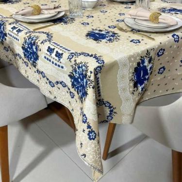 Imagem de Toalha de mesa retangular em linho, estilo rústico Disponível nos tamanhos 4/6/8/10 lugares 、 para a cozinha e sala de jantar Material natural, feito para durar (FLORAL AZUL,140X140-4 LUGARES)