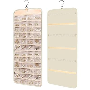 Imagem de LEISENOR Rolo organizador de joias pendurado com ganchos de metal suporte de joias dupla face para brincos, colares, anéis no armário, parede, porta (bege)