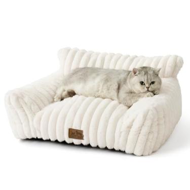 Imagem de COZY KISS Sofá de gato fofo, cama de pelúcia premium para animais de estimação, móveis ultramacios para animais de estimação para gatos e cães pequenos (creme, P: 64 x 44 cm)