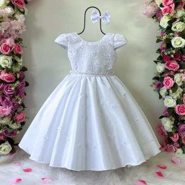 Imagem de Vestido Infantil Rendado Curto Flores Na Saia + Tiara Flor - Lele Infa