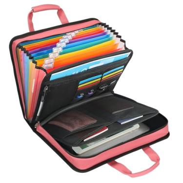 Imagem de SEEKIND Organizador de arquivos sanfonado de couro PU com alça e alça, pasta de arquivo expansível de 12 bolsos com zíper e etiquetas, arquivo organizador de documentos portátil para arquivos de