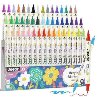 Imagem de Marcadores de tinta acrílica de ponta dupla de 48 cores, inclui 8 marcadores acrílicos metálicos, canetas de tinta acrílica permanente com ponta fina e ponta de pincel para pintura em rocha, tela