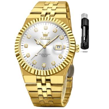 Imagem de OLEVS Relógios masculinos de luxo com calendário de diamantes de aço inoxidável, vestido de negócios, à prova d'água, luminoso, moderno, relógio masculino, Ouro, prata, dois tons, relógio masculino