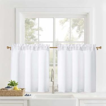 Imagem de OVZME Cortinas de cozinha brancas de 76 cm de comprimento - Cortinas de janela pequenas com filtragem de luz, camadas para cozinha sobre pia, tratamentos de meia janela, cortinas curtas, 2 painéis, 76