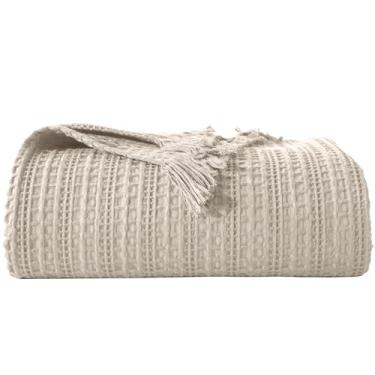 Imagem de Cobertor de waffle 100% algodão com franja, cobertor de trama waffle pré-lavado para todas as estações, cobertor leve respirável macio aconchegante para sofá, cama, viagem (bege - 166 x 222 cm)