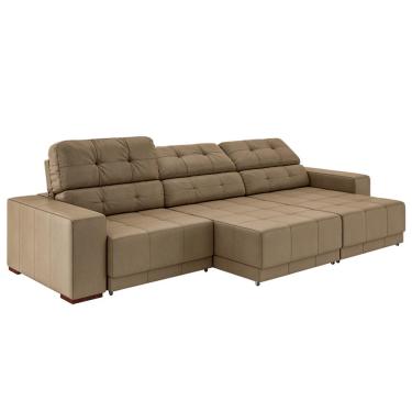 Imagem de Sofá Sala de Estar Retrátil e Reclinável 5 Lugares Lisboa 320cm Bege Couro - Gran Belo