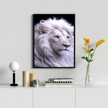 Imagem de Quadro leão branco 33x24cm - vidro e moldura branca