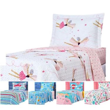Imagem de Kit Colcha cama box solteiro infantil cobre leito dupla face cores mat
