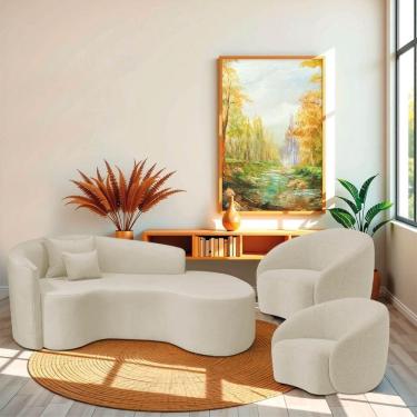 Imagem de Kit Recamier Curvo Sala De Estar Inglaterra 180cm Lado Direito E 2 Poltronas Orgânica Luxo Amore Bouclé Bege