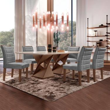 Imagem de Conjunto Sala de Jantar Tampo 170x90cm Vidro/mdf Genova com 6 Cadeiras Smart Plus Chocolate/Cinza/Off White