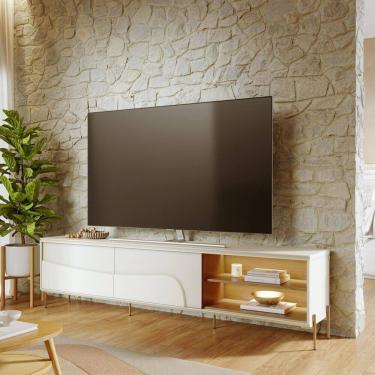 Imagem de Rack para Tv até 75 Polegadas 216cm com 2 Portas de Correr Pés em Metal a e Led Amalfi Off White/Freijó