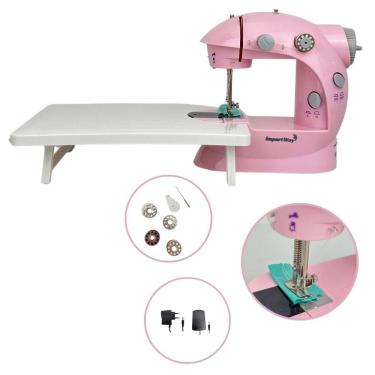 Imagem de Mini Máquina de Costura Elétrica com Mesa Portátil 2 Velocidades Pedal Luz Bivolt Rosa Importway