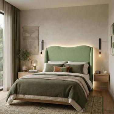 Imagem de Cabeceira Cama Casal Petala 160cm Orgânica Curva Bouclê Verde - Montan