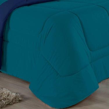 Imagem de Kit Edredom Dupla Face + Jogo De Lençol Solteiro Nobre 4 Peças Malha 100% Algodão - Petróleo / Azul-marinho