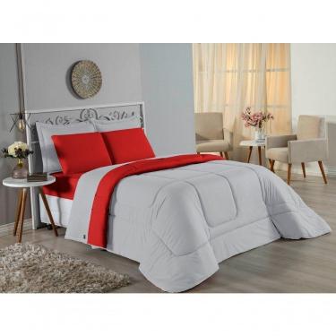 Imagem de Kit Edredom Dupla Face + Jogo De Lençol Casal Nobre 6 Peças Malha 100% Algodão - Cinza / Vermelho