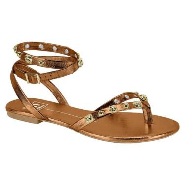 Imagem de Sandália Rasteira Feminina Moleca Tira Tornozelo Dedo Tachas, Bronze, 