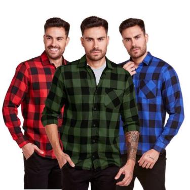 Imagem de Kit 3 Camisas Xadrez Masculino Flanelado Manga Longa - Daze Modas, Ver