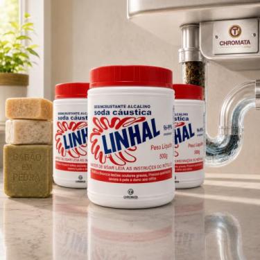 Imagem de Kit 3x Soda Cáustica Pura Linhal 99% 500g Desentupidor Potente, Limpeza Pesada e Produção de Sabão Artesanal