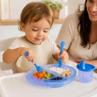 Imagem de Kit Alimentacao Azul Bebe Prato Colher Copo Infantil Menino - LP