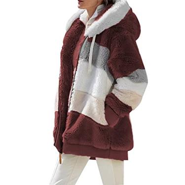 Imagem de Domary Casaco de pelúcia moda feminino de inverno com capa de manga comprida com zíper com bolso jaqueta quente e macia