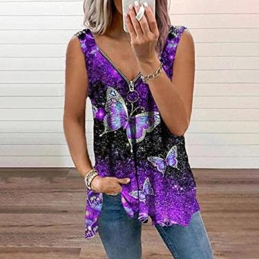 Imagem de yeacher 2021 verão quente estilo novo comércio exterior roupas femininas europeias e americanas com decote em v rosa zíper colete feminino camiseta sem mangas top Butterfly-Purple 4 XL
