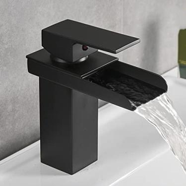 Imagem de LIDON Torneira de banheiro preta torneira de pia de latão banheiro 1 furo torneira preta fosca banheiro 1 furo torneira de pia de latão banheiro 1 furo torneira de cachoeira torneira quente e fria, preto B (cor: preto A)