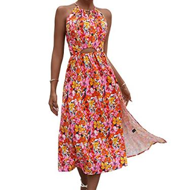 Imagem de Vestido de Estampa Floral Fashion, Vestido Sem Costas Com Decote Halter Cintura eláStica Elegante Requintada para a Vida diáRia do Verão (L)