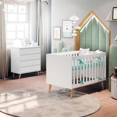 Imagem de Quarto de Bebê Retrô Lorena Berço 3 em 1 Ludmila Cômoda Infantil Branco Fosco Bétula Carolina Baby