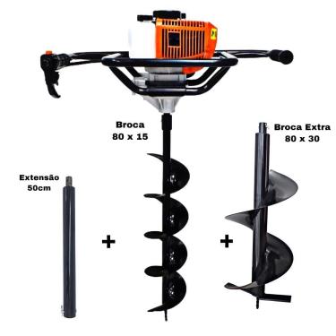 Imagem de KIT Perfurador de Solo Vulcan VPS520-S 2T 52CC 2,5HP com Broca 80x15cm + Broca Extra 80x30cm + Extensão Extra 50cm com Pino Trava