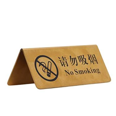 Imagem de Placa de mesa de metal, placa de mesa dourada dupla face em forma de barraca para hotel(Proibido fumar em chinês e inglês)