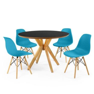 Imagem de Conjunto Mesa de Jantar Redonda Marci Premium Preta 100cm com 4 Cadeiras Eames Eiffel - Turquesa