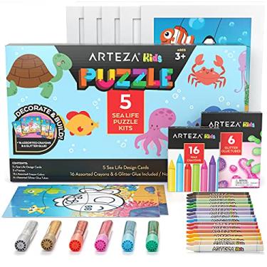 Imagem de Arteza Kids Kit de quebra-cabeça, 5 quebra-cabeças da vida marinha, 16 gizes de cera, 6 tubos de cola de glitter, 5 molduras, atividades infantis DIY e sem tela para crianças a partir de 3 anos