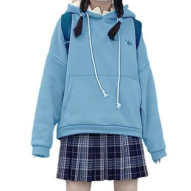 Imagem de TRURENDI Moletom feminino com capuz de manga comprida com capuz de tubarão com um bolso primavera outono streetwear para meninas, Azul, XXG