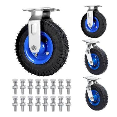Imagem de Conjunto de rodízios resistentes, rodas de borracha, 2 rodízios giratórios e 2 fixos, pneus de substituição para caminhões de mão e carrinhos de mão, 15 cm, 20 cm, 25 cm, com parafusos