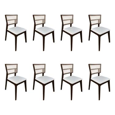 Imagem de Kit 8 Cadeiras de Jantar Manuela em Tela Assento Facto Branco Base em Madeira Maciça - Castanho
