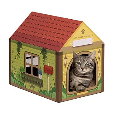 Imagem de SEKAM Casa de papelão para gatos com arranhador/erva de gato, 40 cm C x 30 cm L x 38 cm A, arranhão de gato na cabana da floresta, espaço de nome personalizado para gatos internos