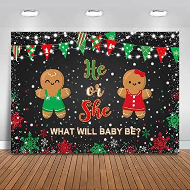 Imagem de Mocsicka Pano de fundo de revelação de gênero de inverno biscoito de gengibre de Natal floco de neve ele ou ela o que está cozinhando decorações de festa Feliz Natal chá de bebê fundo de fotografia (2,1 x 1,5 m)