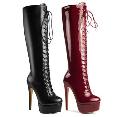 Imagem de ANN CREEK Botas femininas "Niwen" na altura do joelho, sexy, salto agulha ultra alto, plataforma com cadarço, Vinho, 39