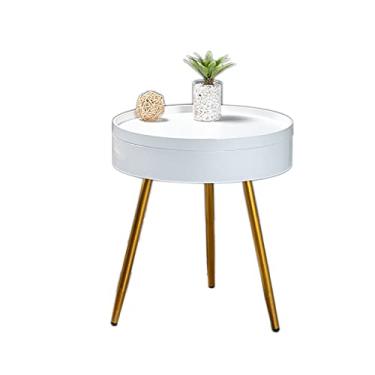 Imagem de PENNY73 Mini mesa redonda de metal lateral com bandeja removível e caixa de armazenamento, mesa de centro para pequenos espaços, quarto, pátio, branca, G (46 cm)