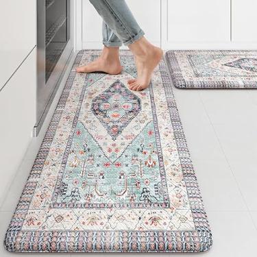 Imagem de KIMODE Tapetes antifadiga para cozinha 2 peças estilo fazenda, antiderrapantes, impermeáveis, ergonômicos e acolchoados para lavanderia, escritório, pia ou mesa, azul