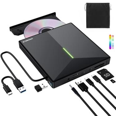 Imagem de ORIGBELIE Unidade externa de CD DVD com 4 portas USB e 2 compartimentos para cartão TF/SD, leitor de CD/DVD portátil USB 3.0 para laptop, MacBook, desktop, PC, Windows 11/10/8/7 Linux Mac OS