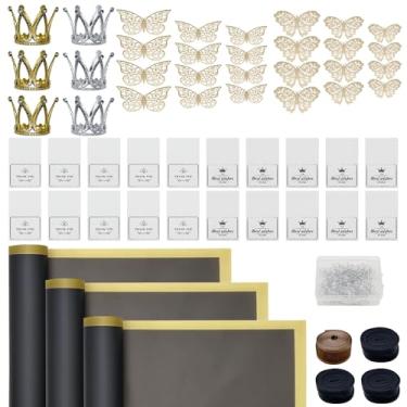 Imagem de Woohome Kits de papel de embrulho, buquê de flores, papel de embrulho floral com decoração de borboleta 3D, alfinetes de diamante, fitas, coroas para florista (preto)