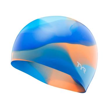 Imagem de TYR Touca de natação de silicone sem rugas para redução de arrasto e proteção do cabelo, azul/laranja