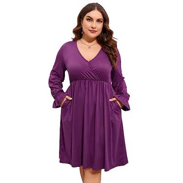 Imagem de ShopWonder Vestido plus size feminino, gola V, evasê, comprimento até o joelho, vestido rodado, plus size, minivestido de festa, Roxa, 4G