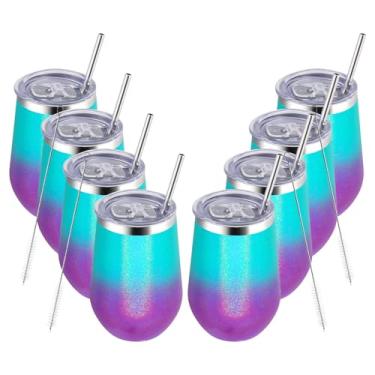 Imagem de MEWAY Copo de vinho de aço inoxidável com tampa e canudo 340 g - Copo de vinho isolado sem haste para café, coquetéis, champanhe e uso no escritório, ideal para festas e presentes (Glitter Aurora,