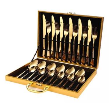 Imagem de Faqueiro Aço Inox 24 Peças Dourado Caixa Moderna Luxo - Smart