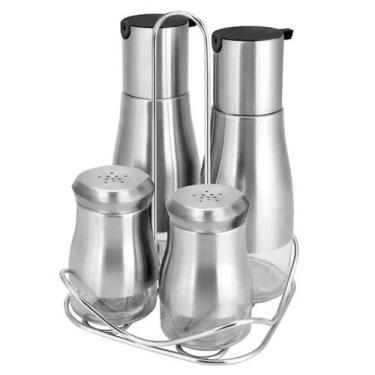 Imagem de Kit Galheteiro 4 Pçs Porta Azeite Vinagre Tempero Inox Vidro - Kadê