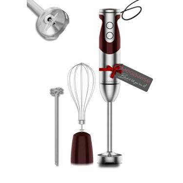 Imagem de MegaWise Liquidificador manual de imersão Pro Titanium reforçado 3 em 1, potente 1000 W com lâminas 80% mais afiadas, liquidificador com fio de 12 velocidades, incluindo batedor e espumador de leite (7,6 cm 1 vermelho)